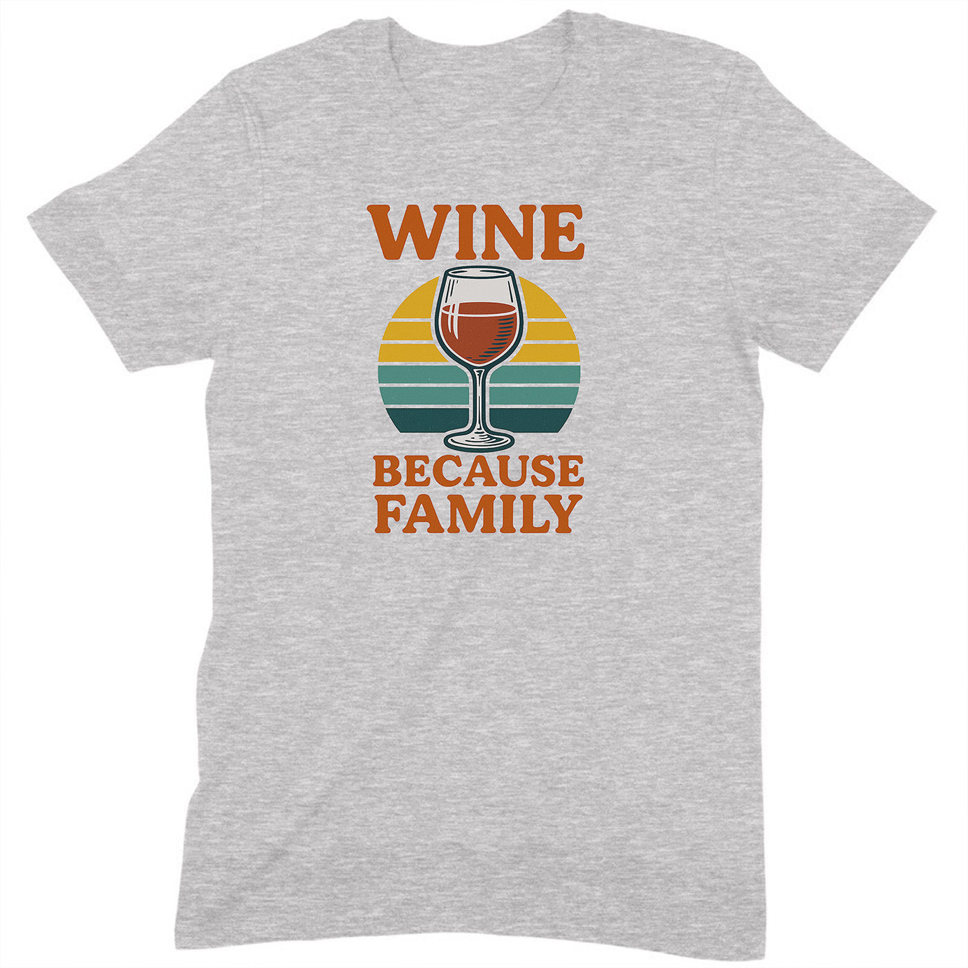 gray t-shirt with wine glass and retro stripes design showing text wine because family funny holiday shirt