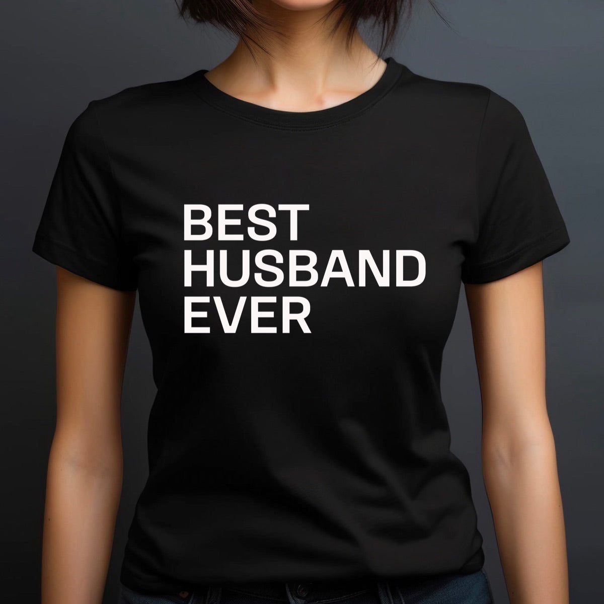 Woman in black crewneck t-shirt featuring bold white Best Husband Ever text