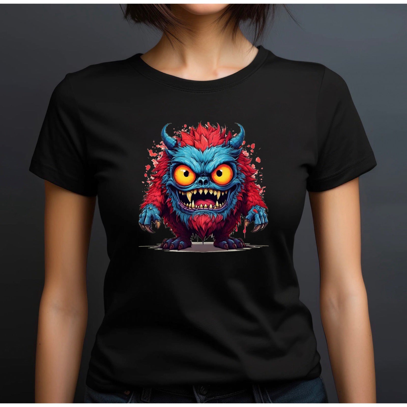 Women’s black crewneck Halloween t-shirt with blue and red furry monster graphic on dark background