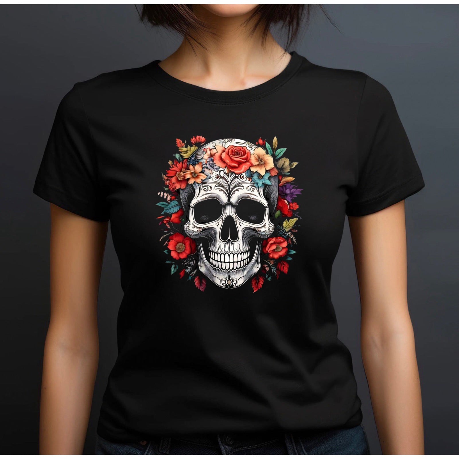 Women’s black crewneck sugar skull floral t-shirt mockup with bright flowers, studio setting