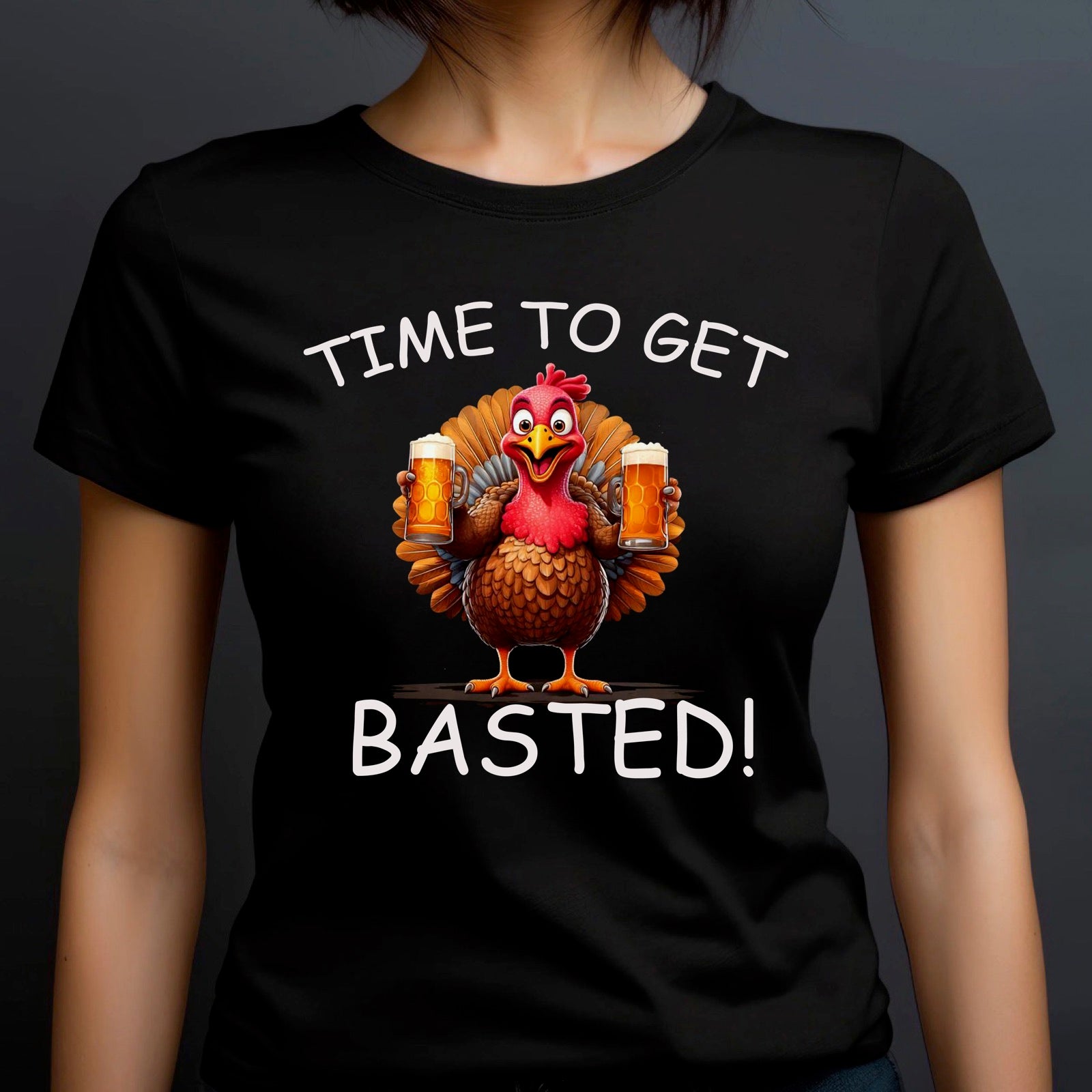 Woman in crew neck black t-shirt featuring turkey holding beers with Time to Get Basted text