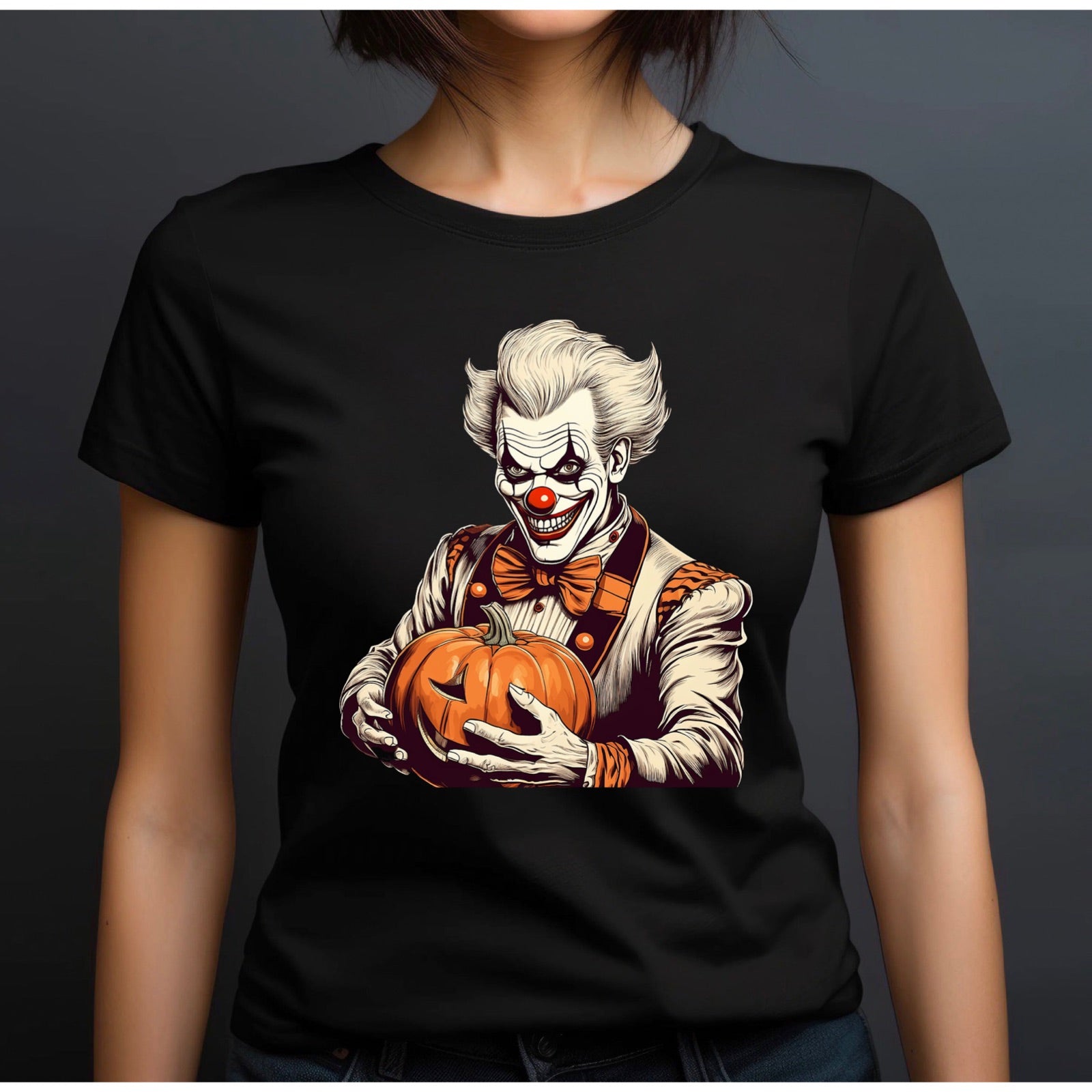 Women’s black crewneck Halloween tee with scary clown holding pumpkin on dark background
