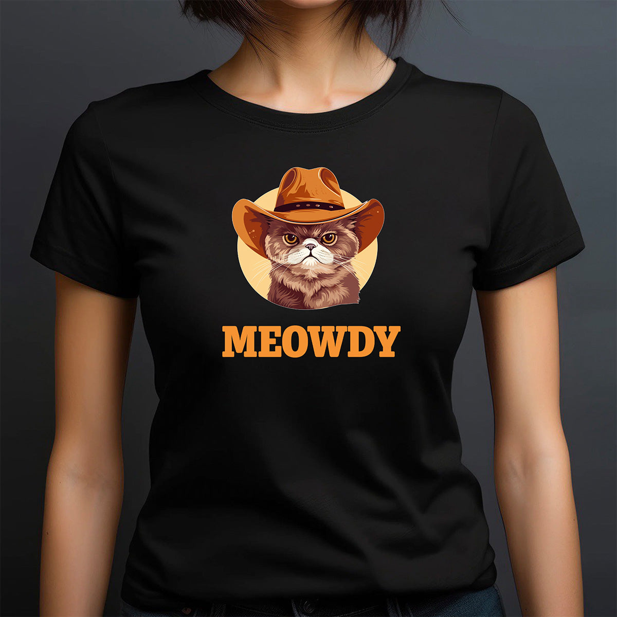 Woman wearing black crew-neck MEOWDY cowboy cat tee, cute Western cat graphic for pet lovers