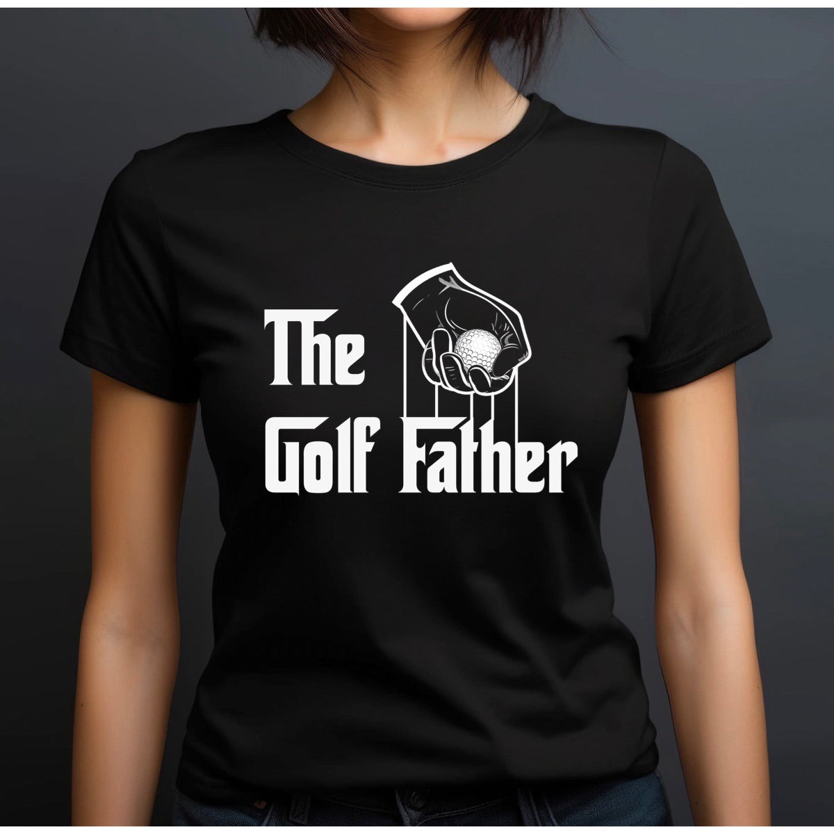 Woman in black crew neck shirt featuring The Golf Father golf ball hand design