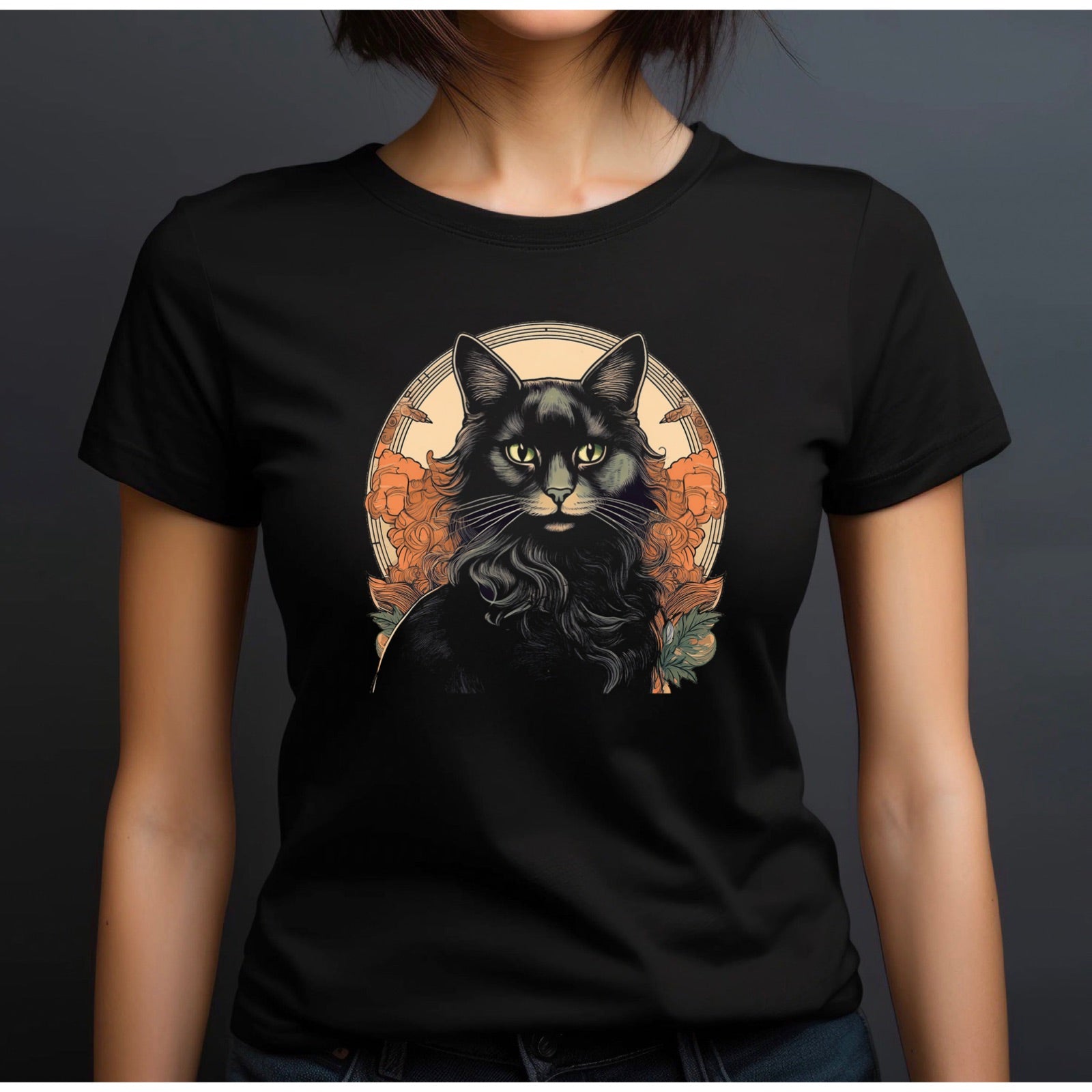 Women’s black crewneck t-shirt with black cat Halloween graphic, floral art nouveau frame on dark backdrop