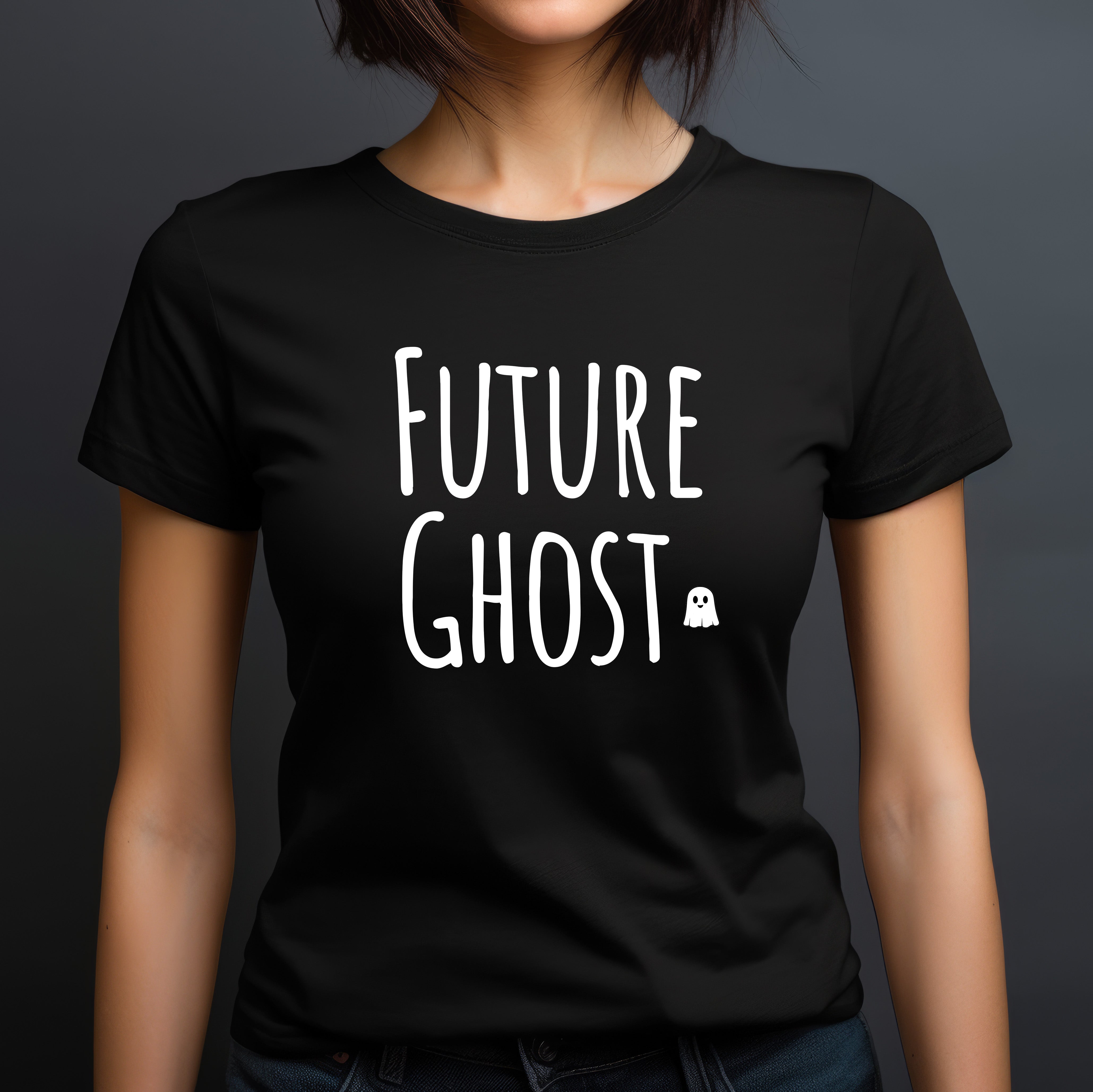 Women’s black crewneck Future Ghost Halloween t-shirt on dark studio background