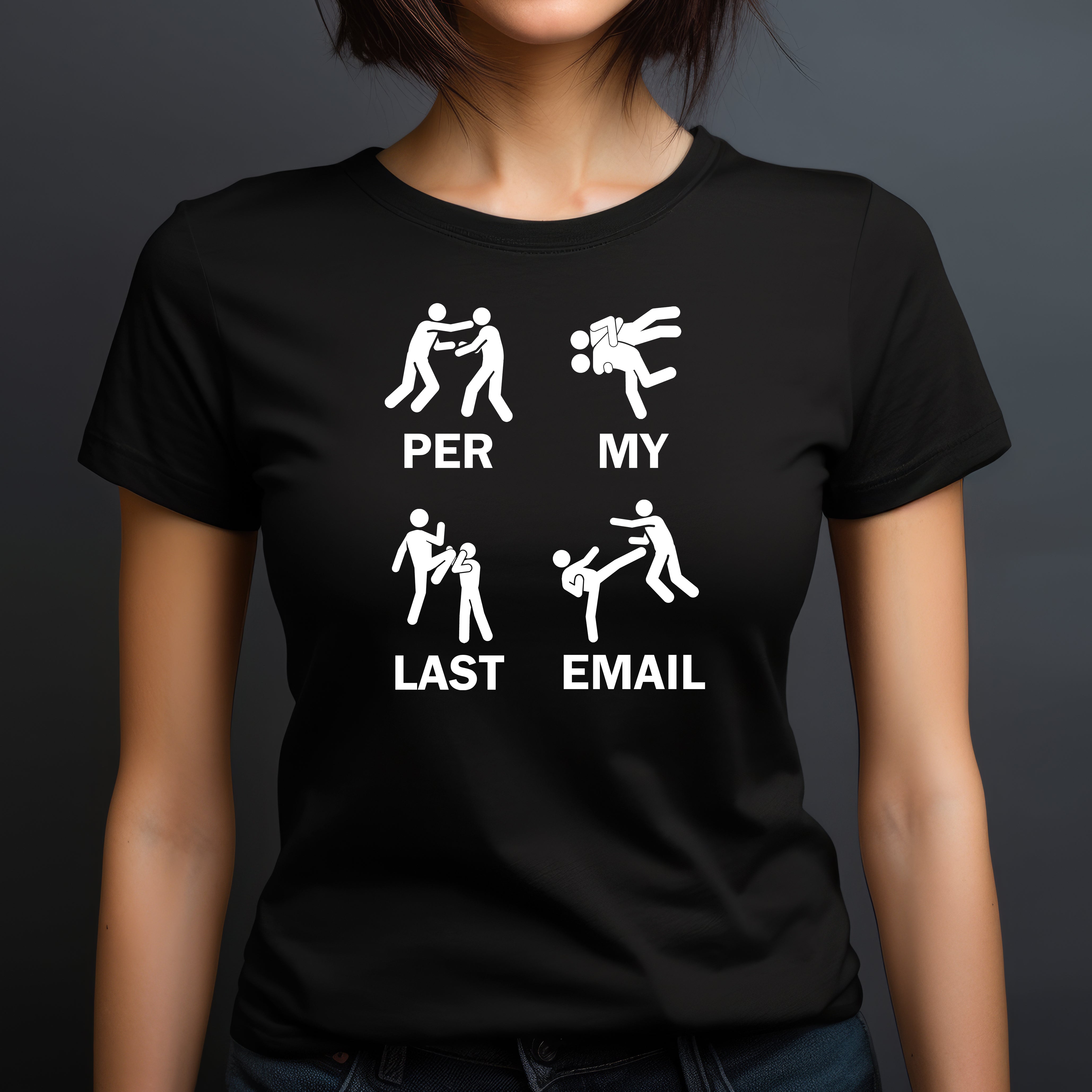 Woman wearing black crewneck tee with per my last email text and stick figure design