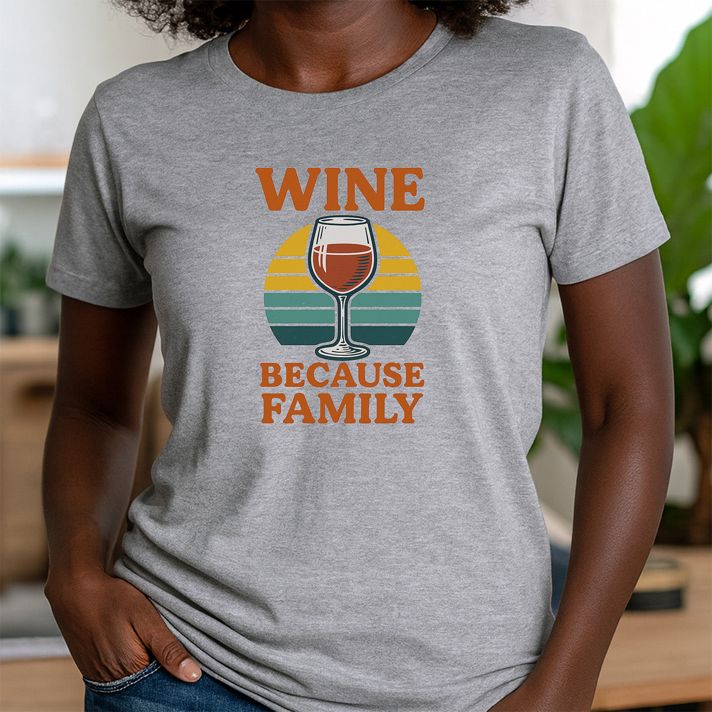 woman in gray crew neck t-shirt with wine glass and phrase wine because family retro design