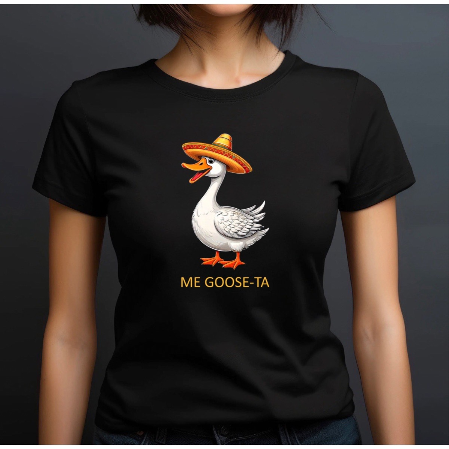 Woman in black crew neck shirt featuring cartoon goose in sombrero with Me Goose-Ta text