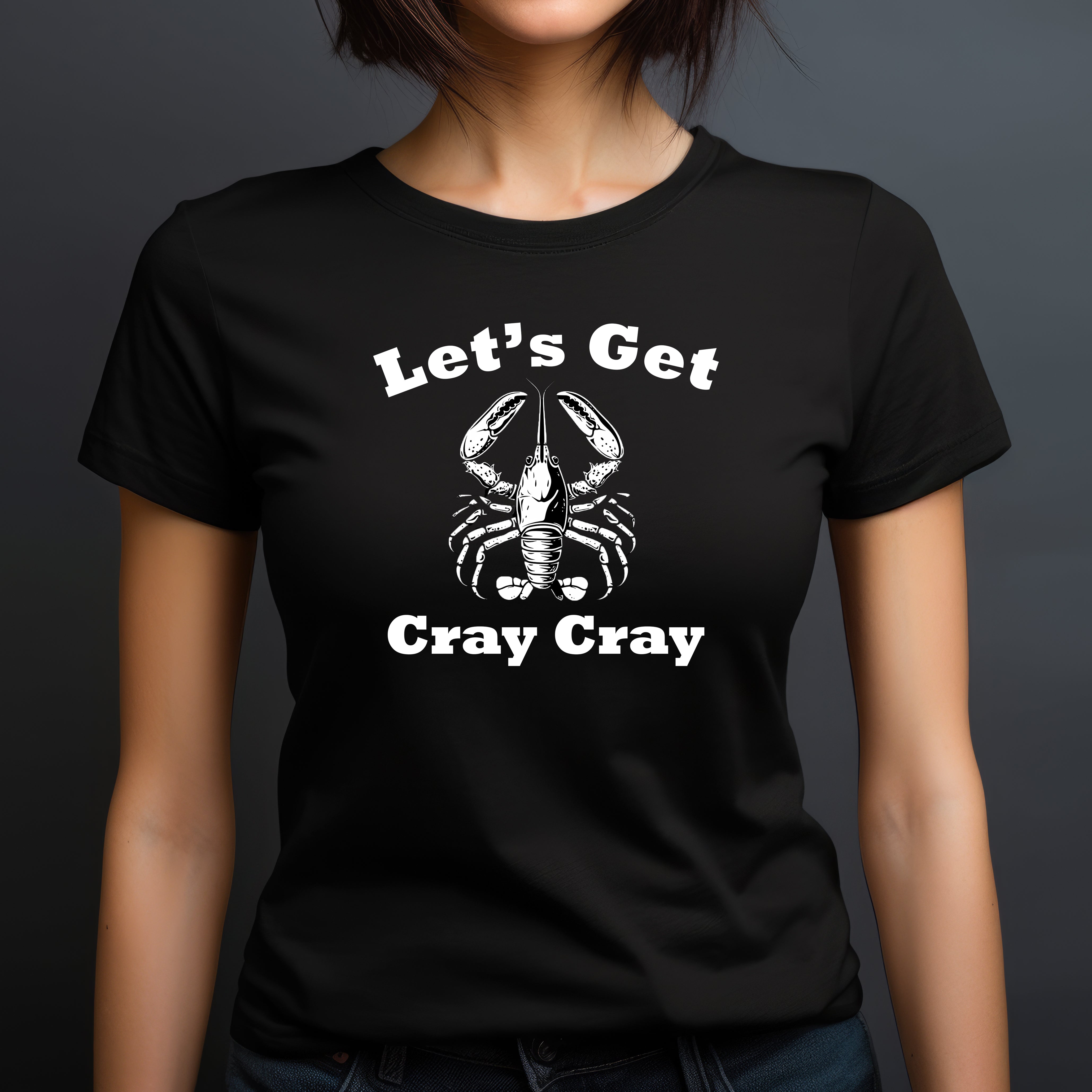 Woman wearing black t-shirt with lobster graphic and text lets get cray cray