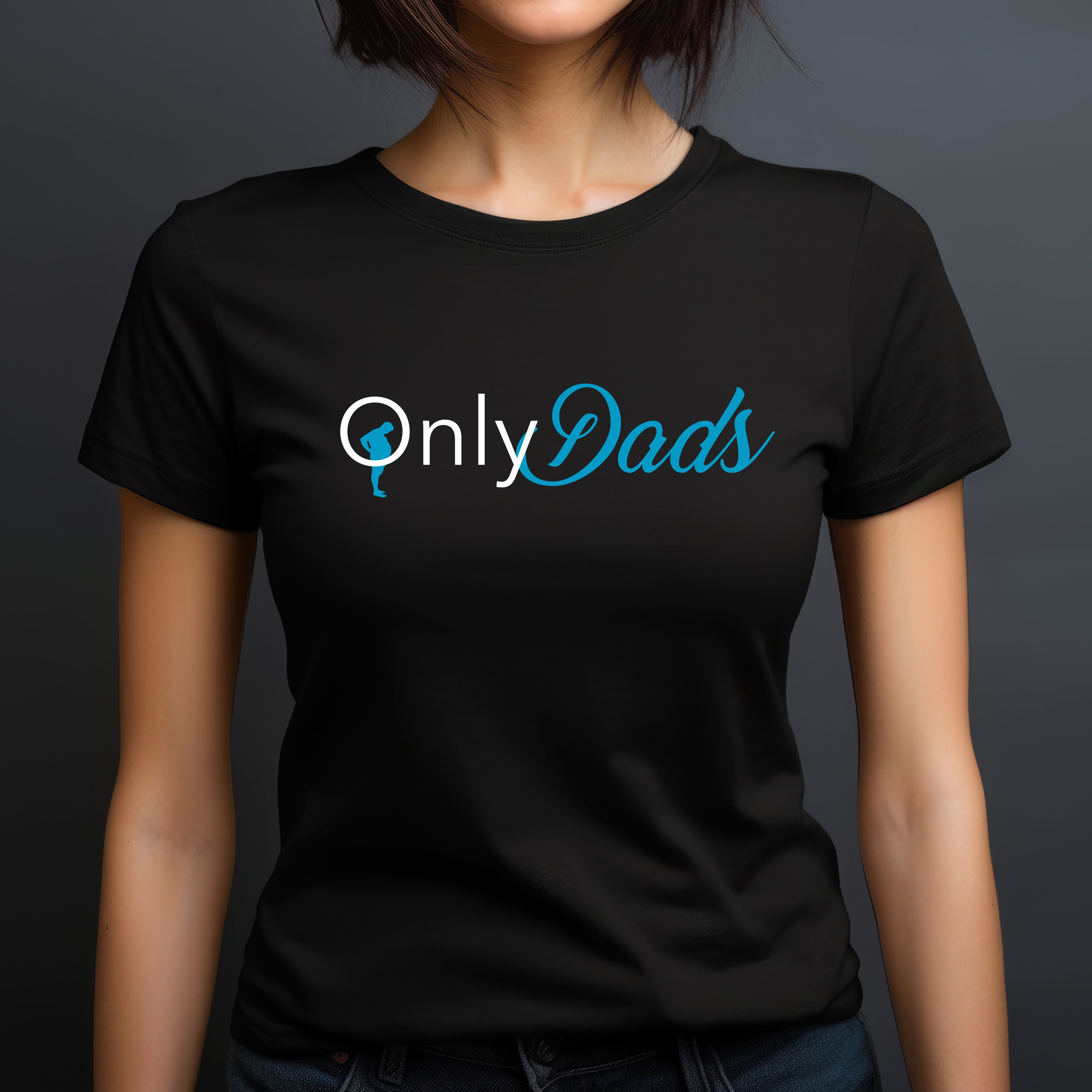 Woman wearing a black OnlyDads parody t-shirt with blue and white lettering