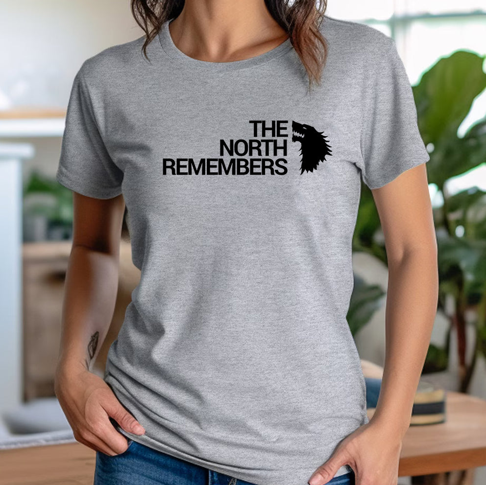 Woman wearing fitted grey 'The North Remembers' direwolf t-shirt inspired by Game of Thrones