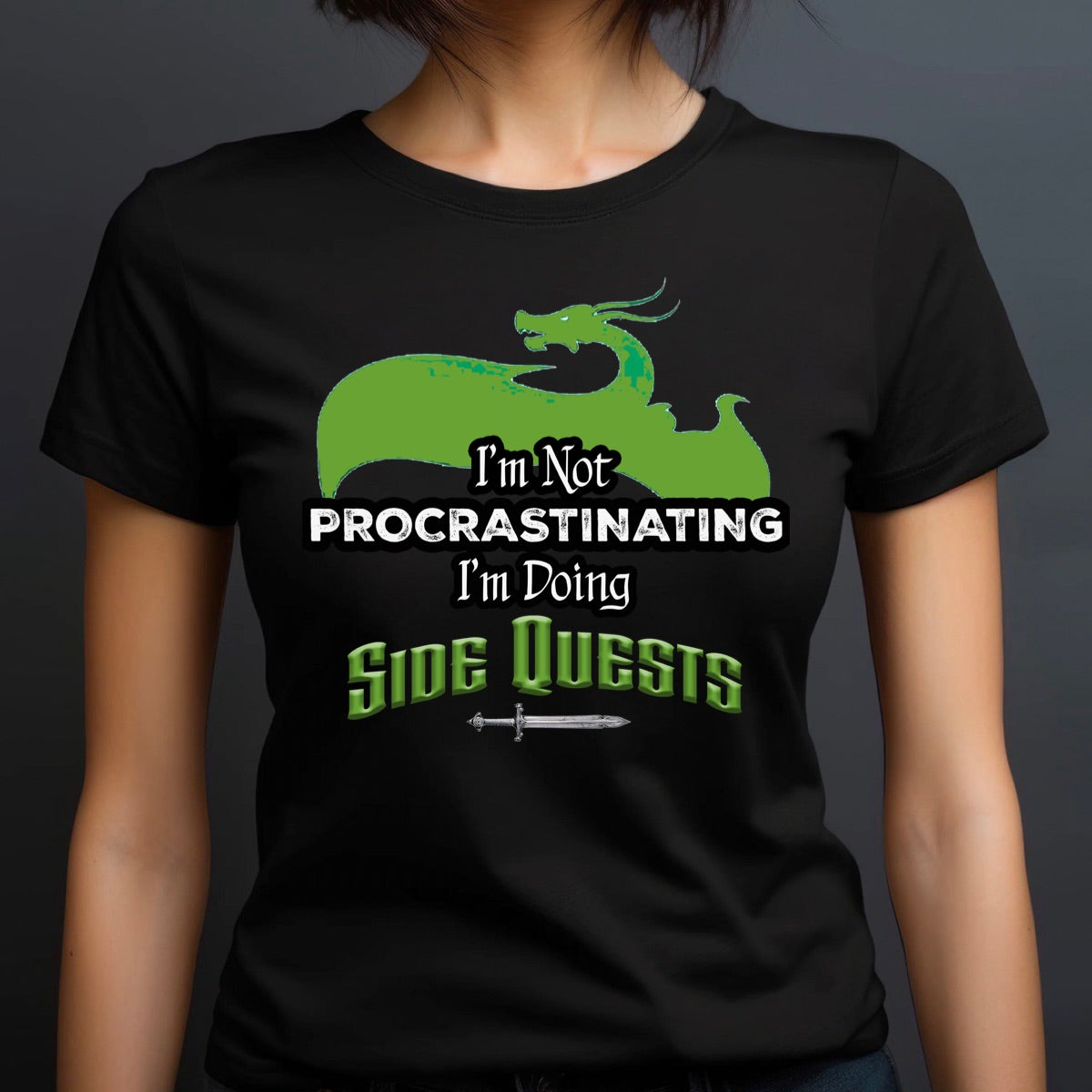 Woman in black crew neck t-shirt with green dragon and sword design saying I'm not procrastinating I'm doing side quests