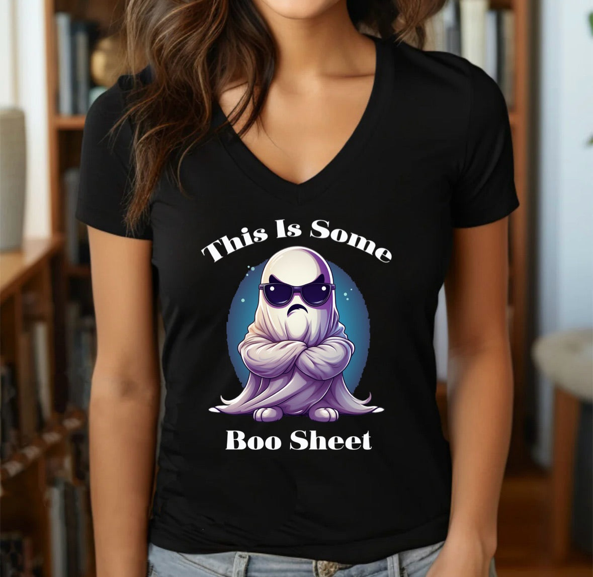 woman in a v neck halloween t shirt with ghost wearing sunglasses and the text this is some boo sheet