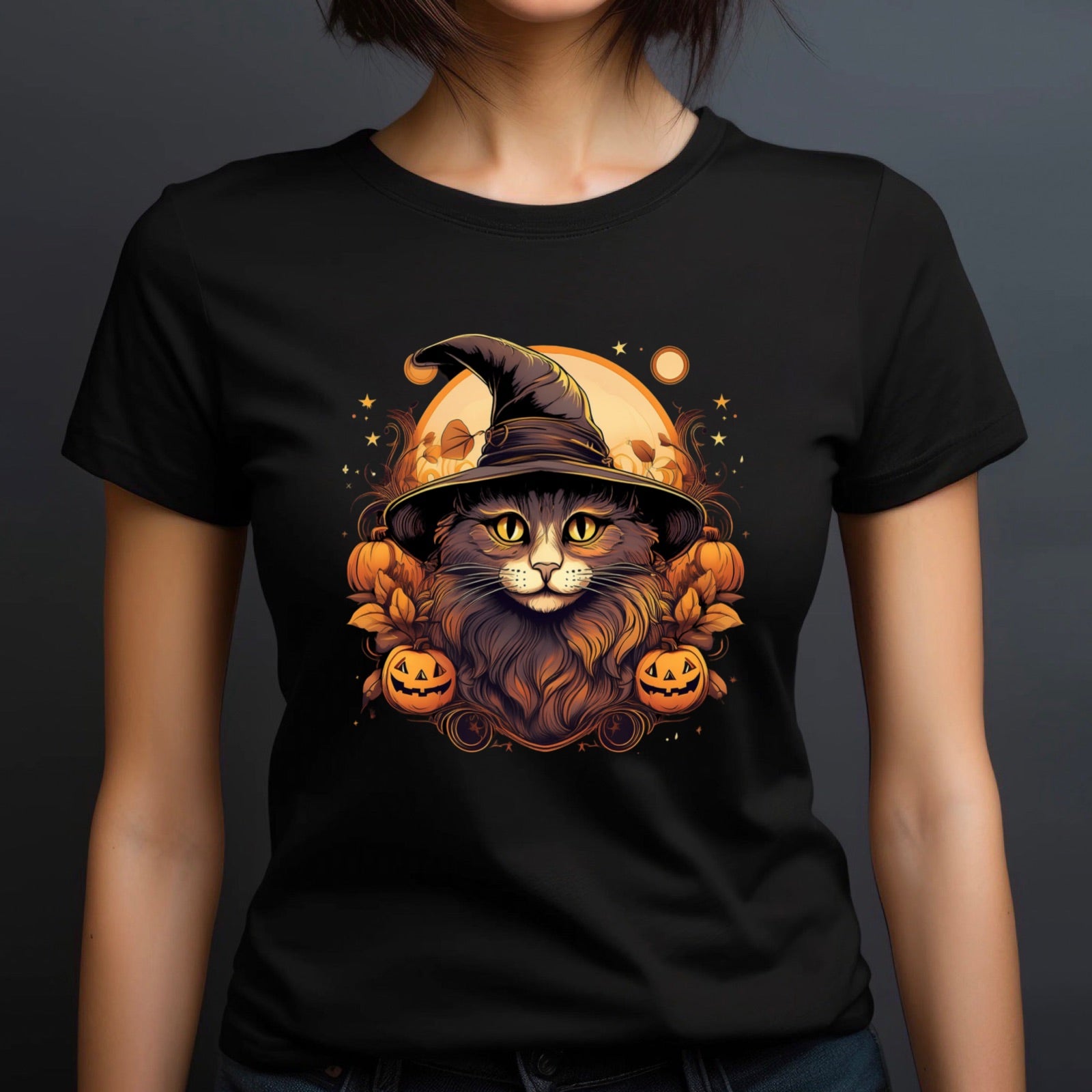 Woman modeling Halloween shirt with black cat in witch hat design, surrounded by pumpkins and full moon