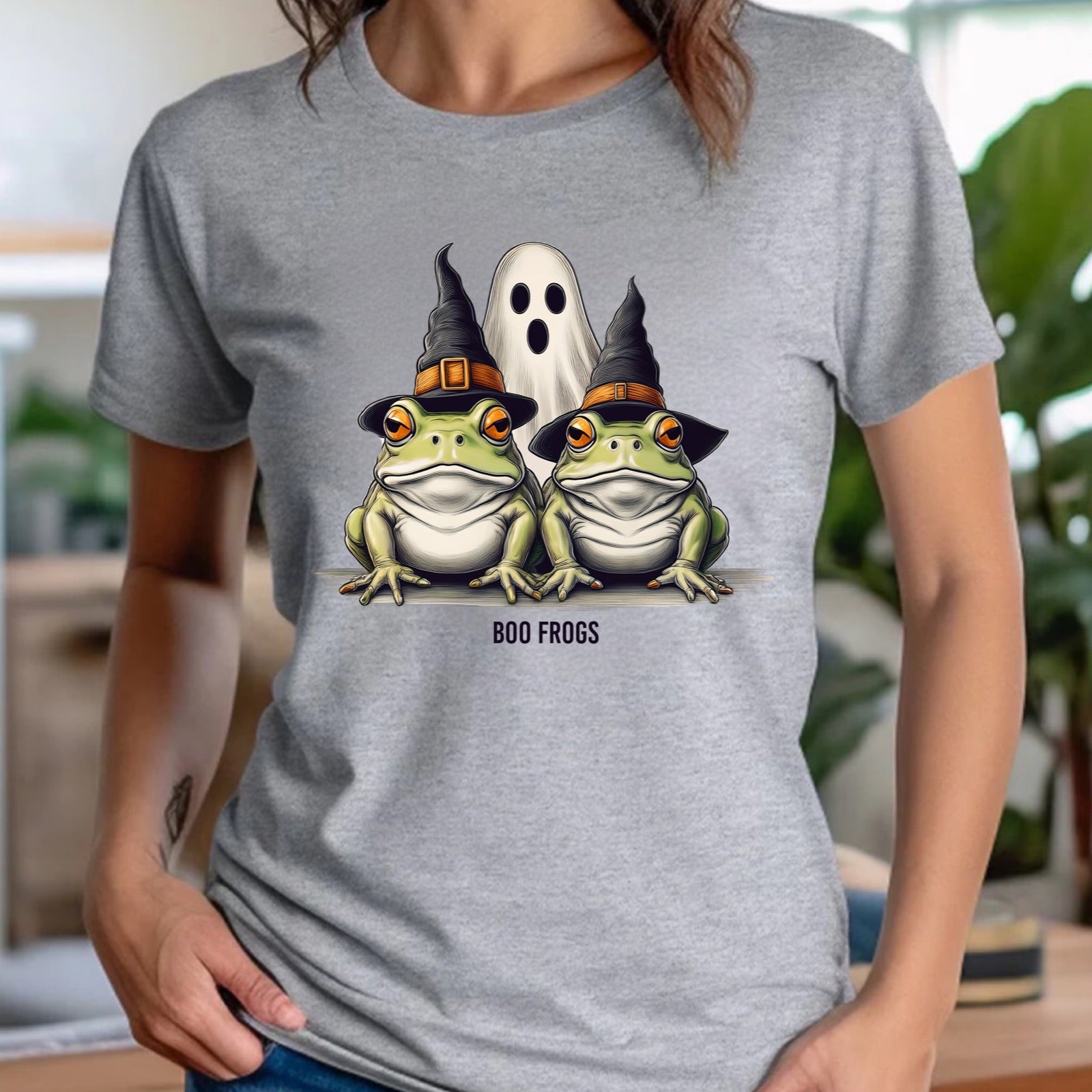 Women’s heather gray Boo Frogs Halloween t-shirt, two frogs in witch hats with ghost, casual mockup