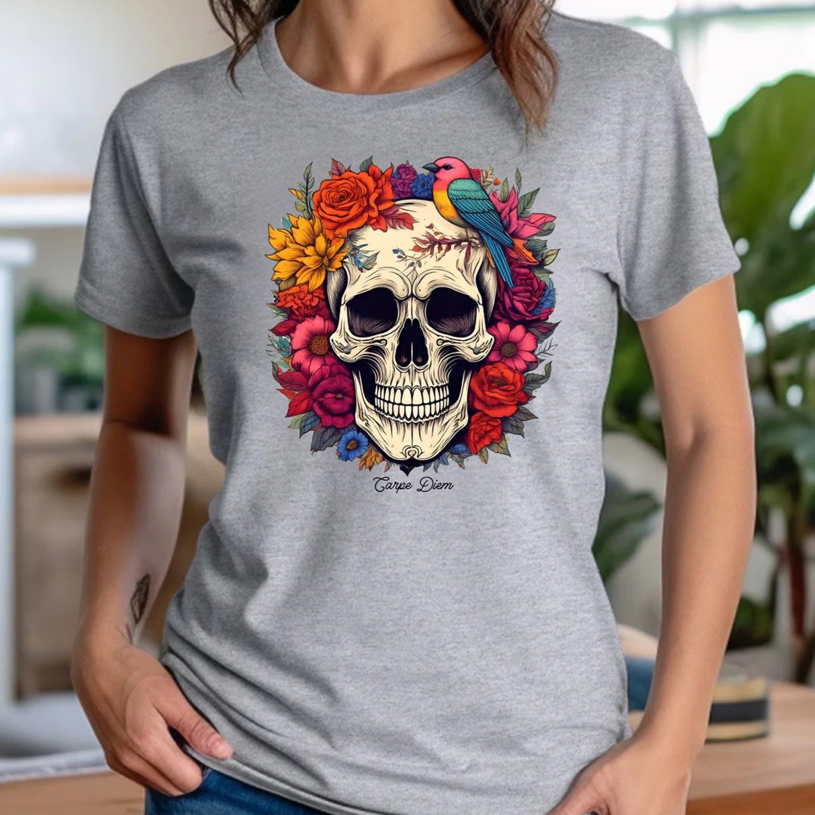 Women’s heather gray crewneck t-shirt with Carpe Diem skull, floral wreath and bird, indoor mockup
