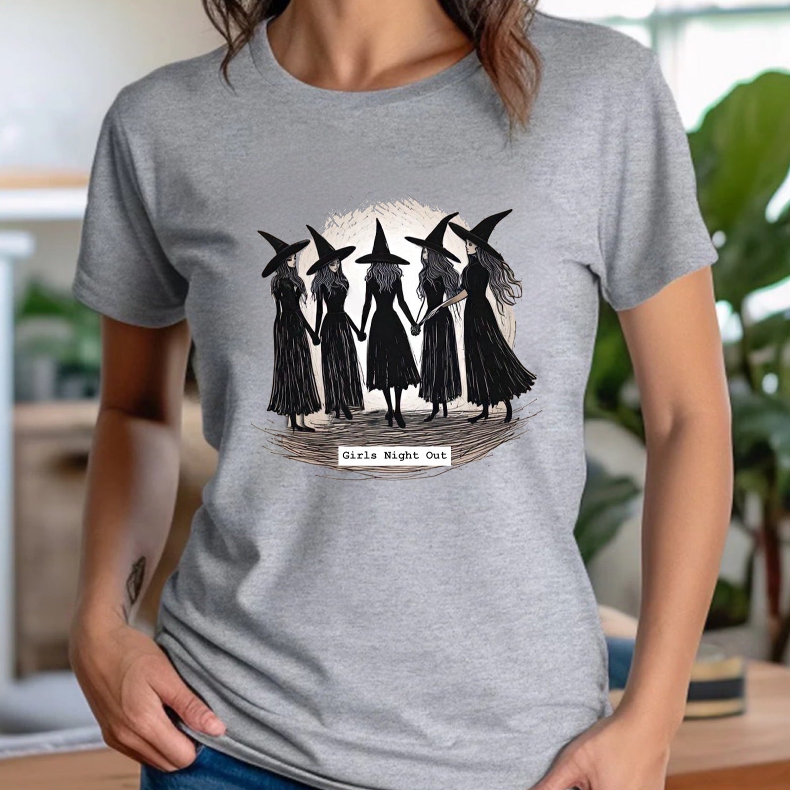 Women’s heather gray Girls Night Out witches graphic t-shirt, casual Halloween tee, short-sleeve crewneck