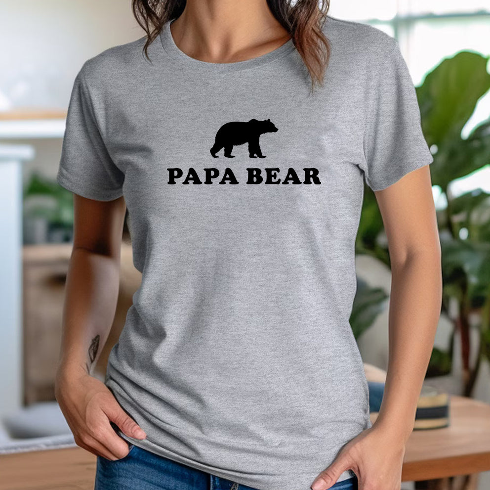 Women’s heather gray crewneck Papa Bear t-shirt with black bear graphic, indoor mockup
