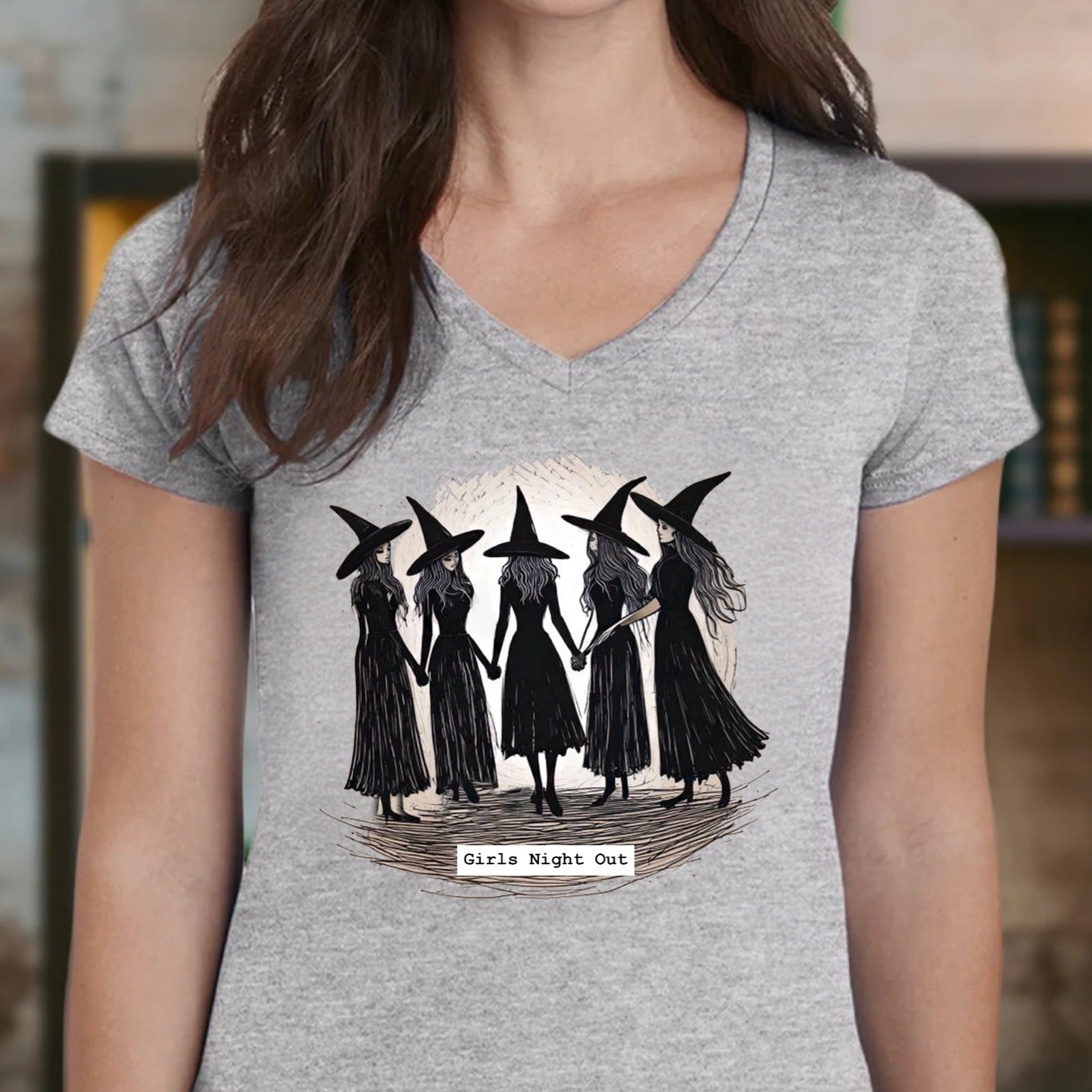 Women’s heather gray v-neck Girls Night Out witches graphic t-shirt, Halloween top