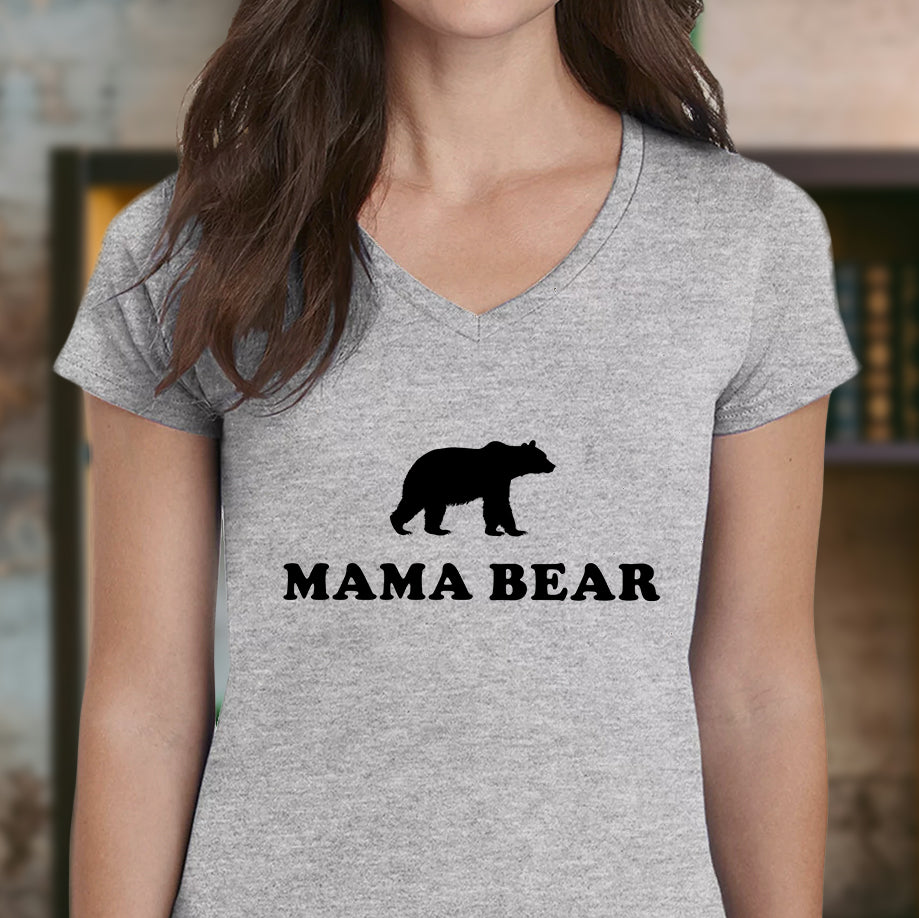Grey v-neck Mama Bear t-shirt for women with black bear silhouette and bold text
