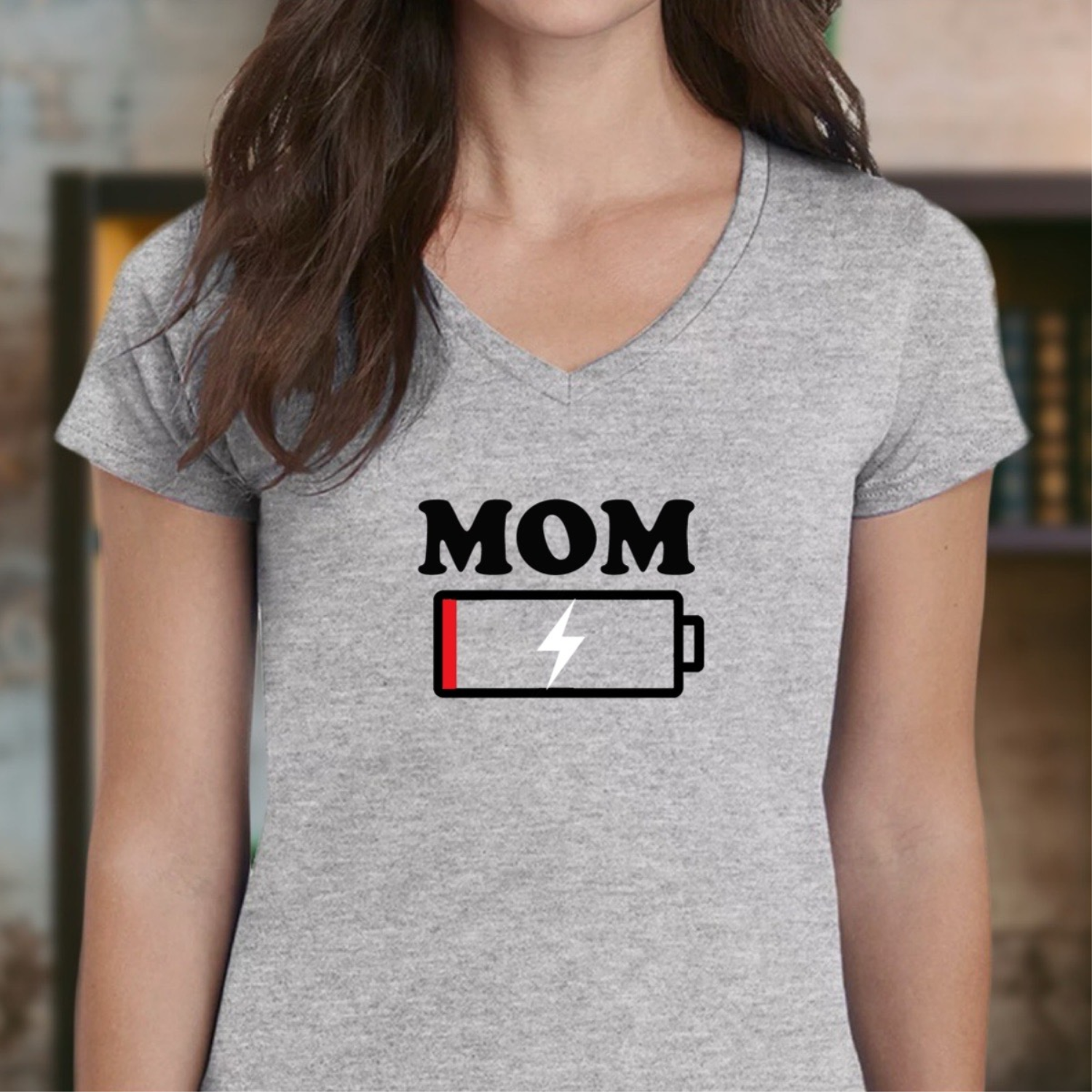 Woman wearing gray MOM low battery v-neck t-shirt, humorous gift shirt for moms