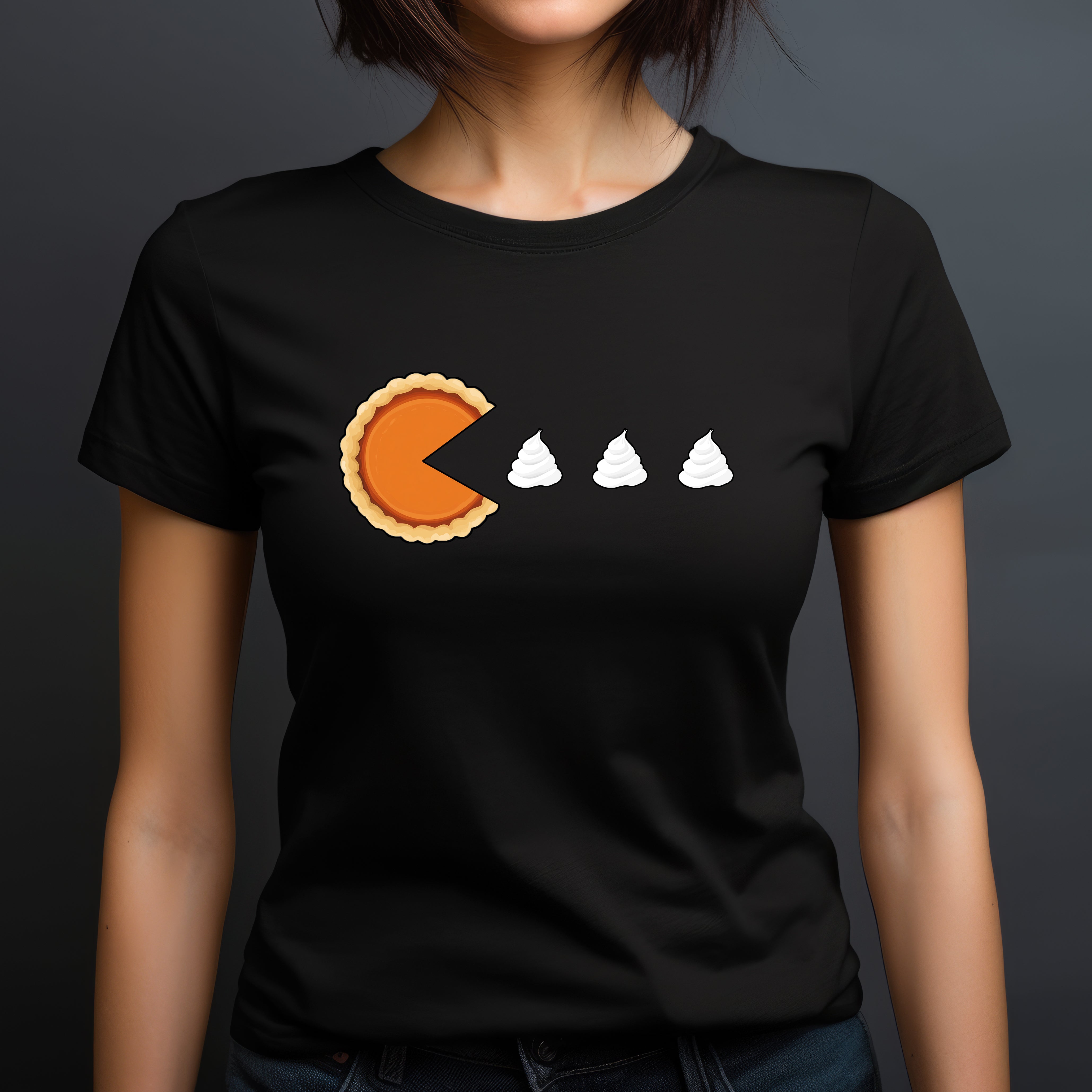 Woman wearing black crew-neck pumpkin pie Pac-Man graphic T-shirt for Thanksgiving
