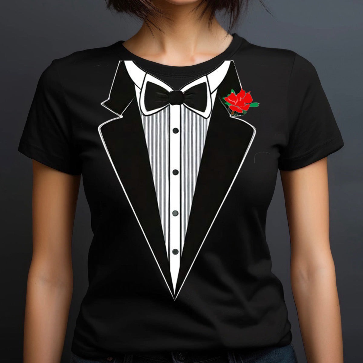 Woman in black tuxedo style t-shirt with bowtie and red flower, novelty graphic crewneck
