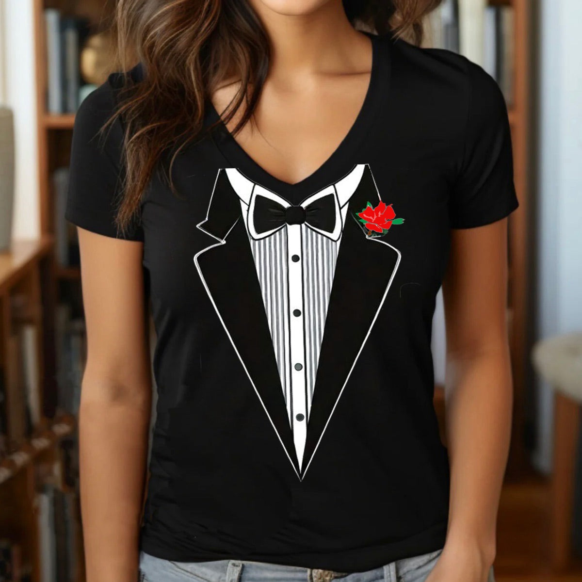Woman wearing tuxedo v-neck graphic t-shirt with bowtie and red flower, fun formal party tee