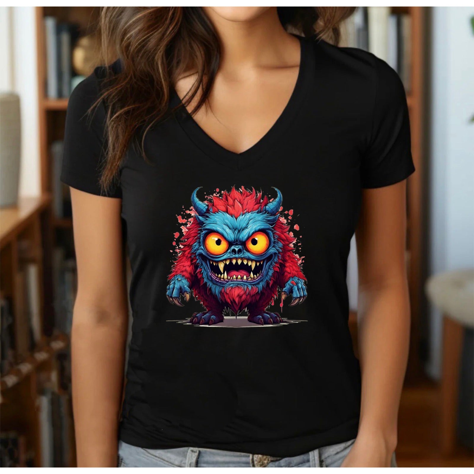 Women’s black v-neck Halloween t-shirt with blue and red furry monster graphic in cozy room