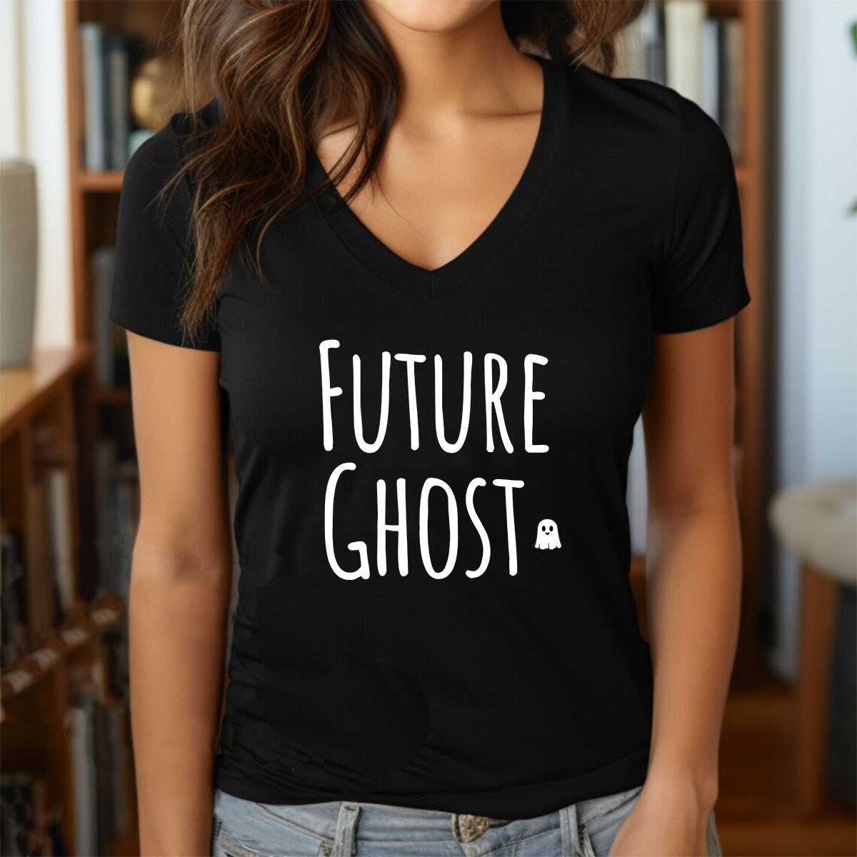 Women’s black v-neck Future Ghost Halloween tee with white lettering and mini ghost