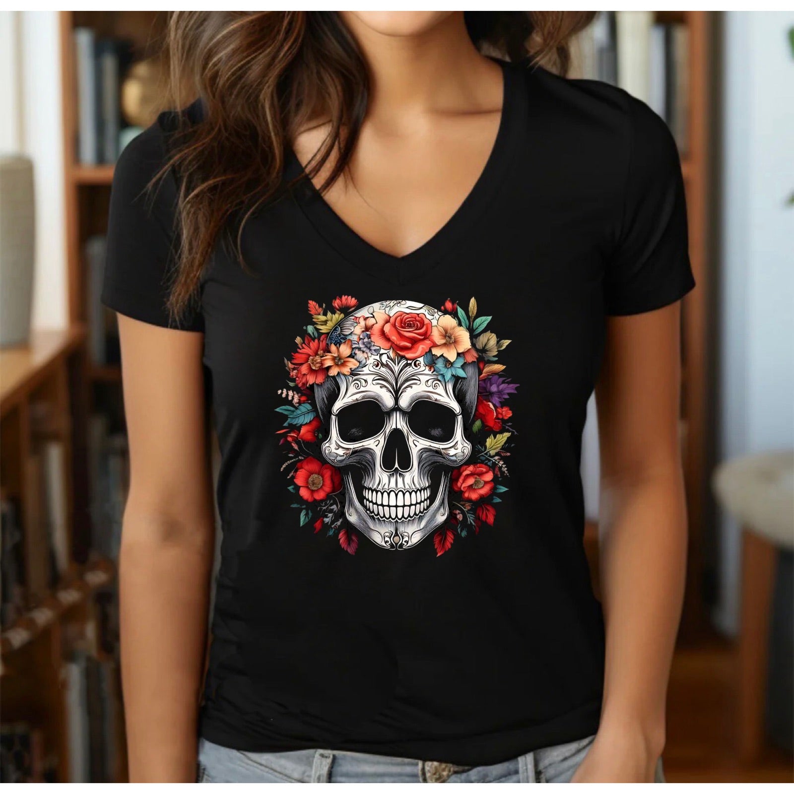Women’s black v-neck sugar skull floral t-shirt mockup, Day of the Dead design indoors
