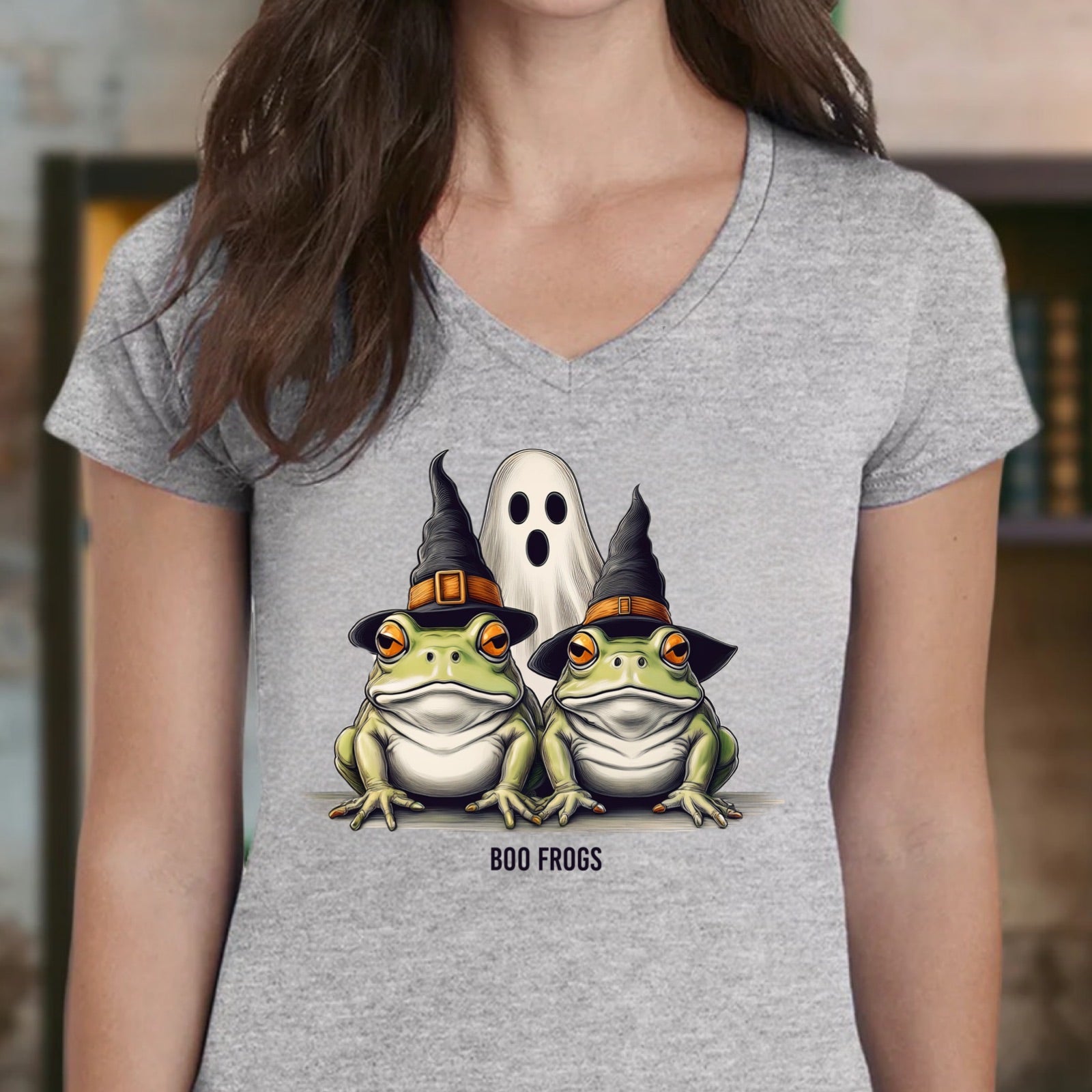 Women’s heather gray v-neck Boo Frogs Halloween t-shirt with two frogs in witch hats and ghost