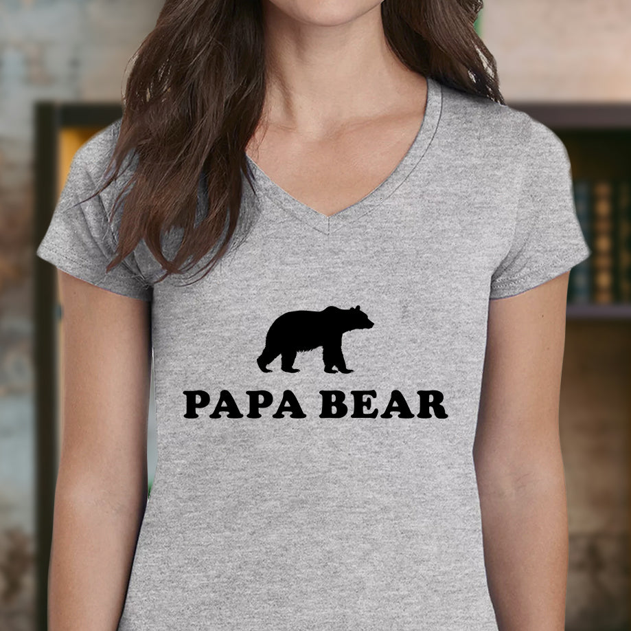 Women’s heather gray v-neck Papa Bear t-shirt with black bear silhouette, front view
