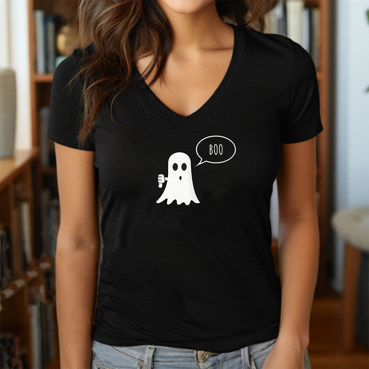 Grey women’s v-neck shirt with cartoon ghost saying Boo and thumbs down design