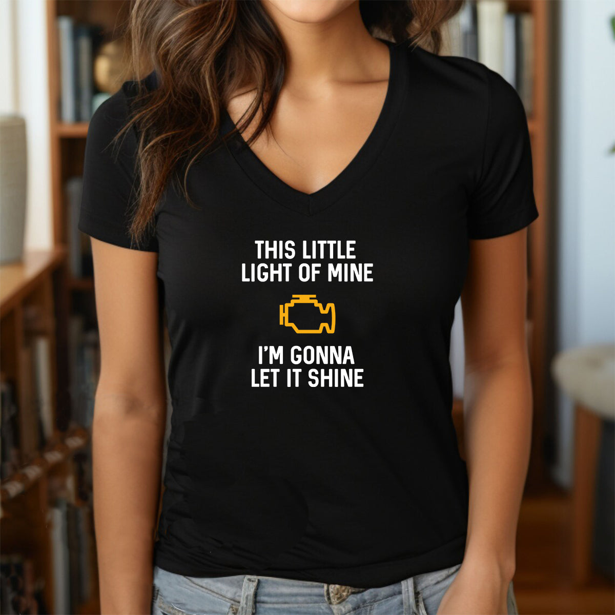 Black v-neck shirt for women with yellow check engine light icon and witty text This Little Light of Mine I’m Gonna Let It Shine