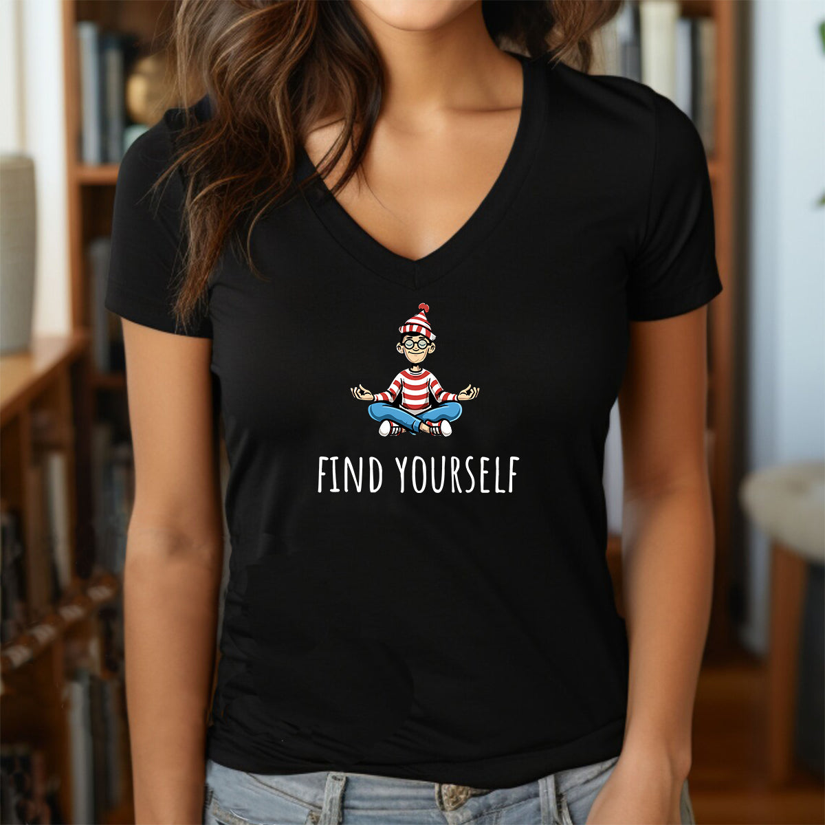 Grey women’s v-neck shirt with Waldo character meditating and Find Yourself slogan