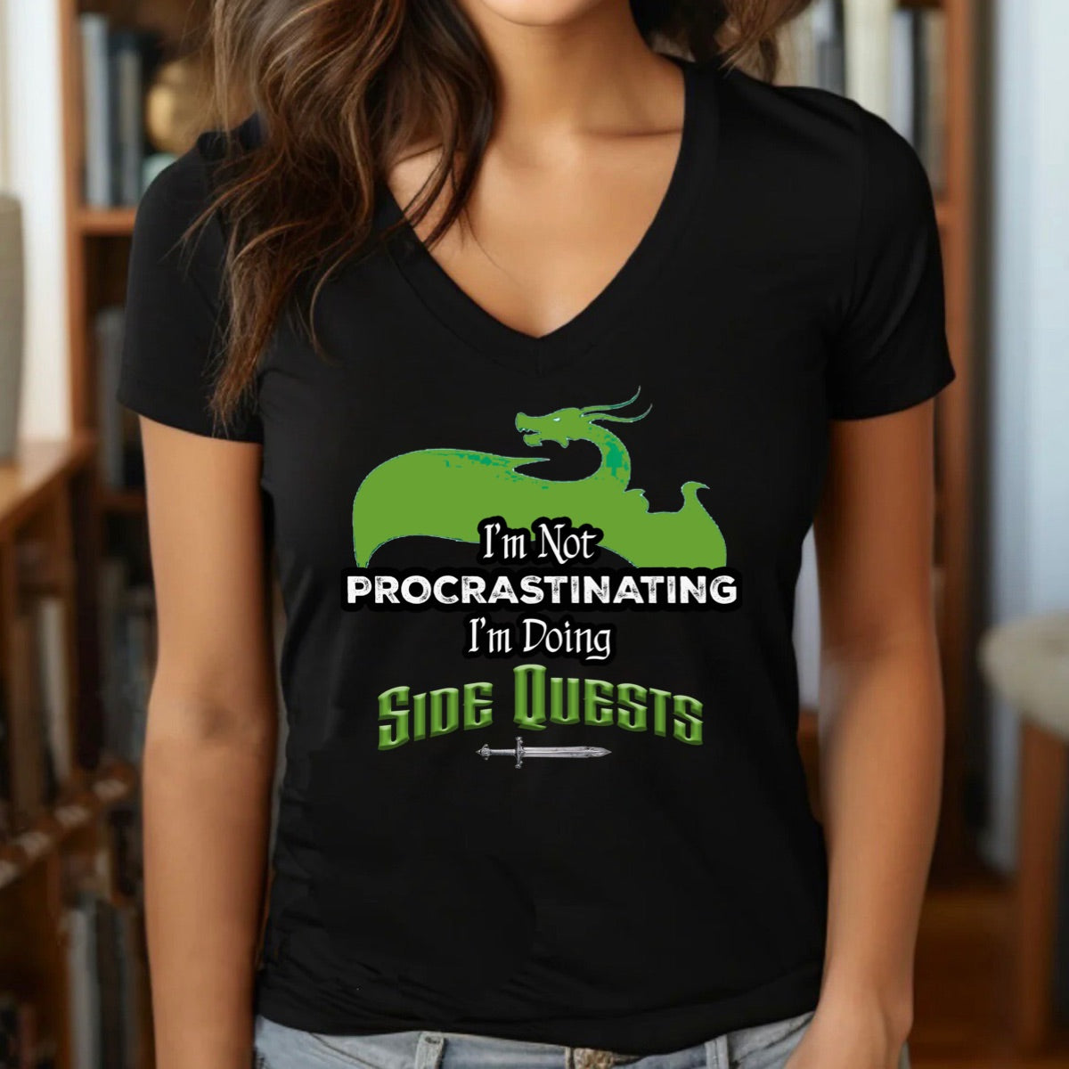 Woman wearing black v-neck gamer tee with green dragon and text I'm not procrastinating I'm doing side quests